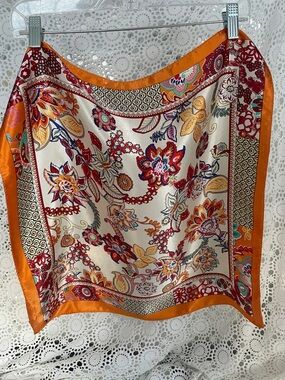 Floral Paisley Satin Scarf in Cream and Orange 20 x 20 New